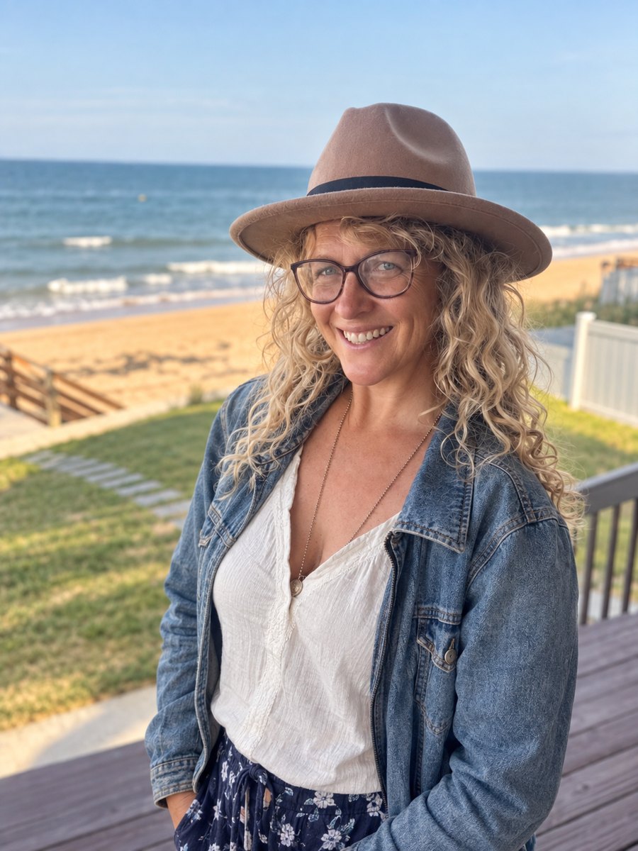 Shanais Pelka, co-founder of WildType, on a porch above the beach