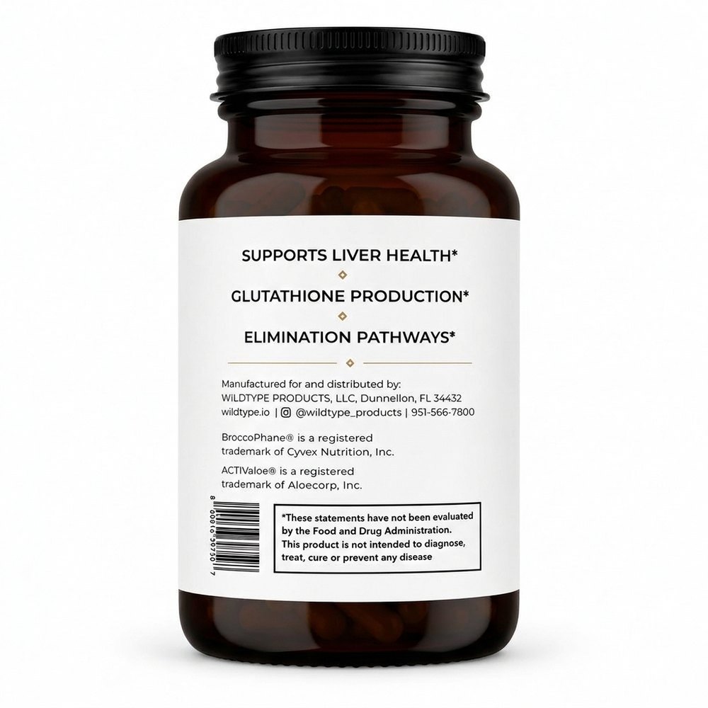 Clear: the amber bottle's side panel, listing liver health, glutathione production and elimination pathways