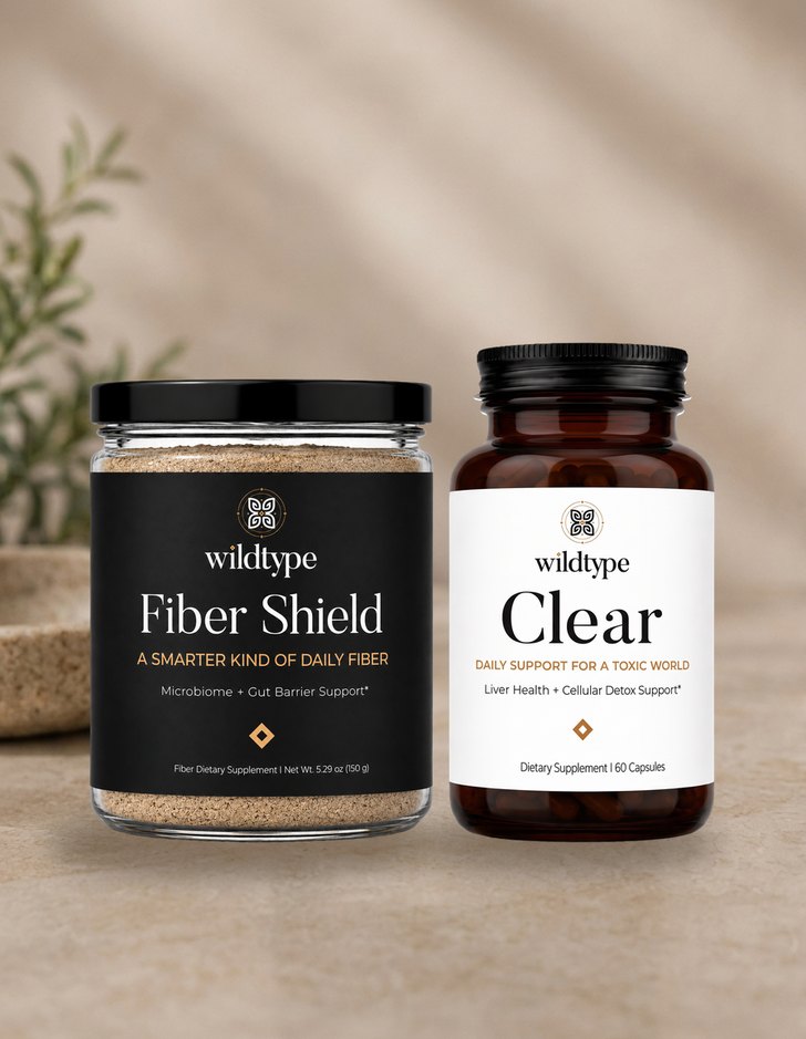 The Plastic Defense Kit: the Fiber Shield jar and the Clear bottle in amber glass