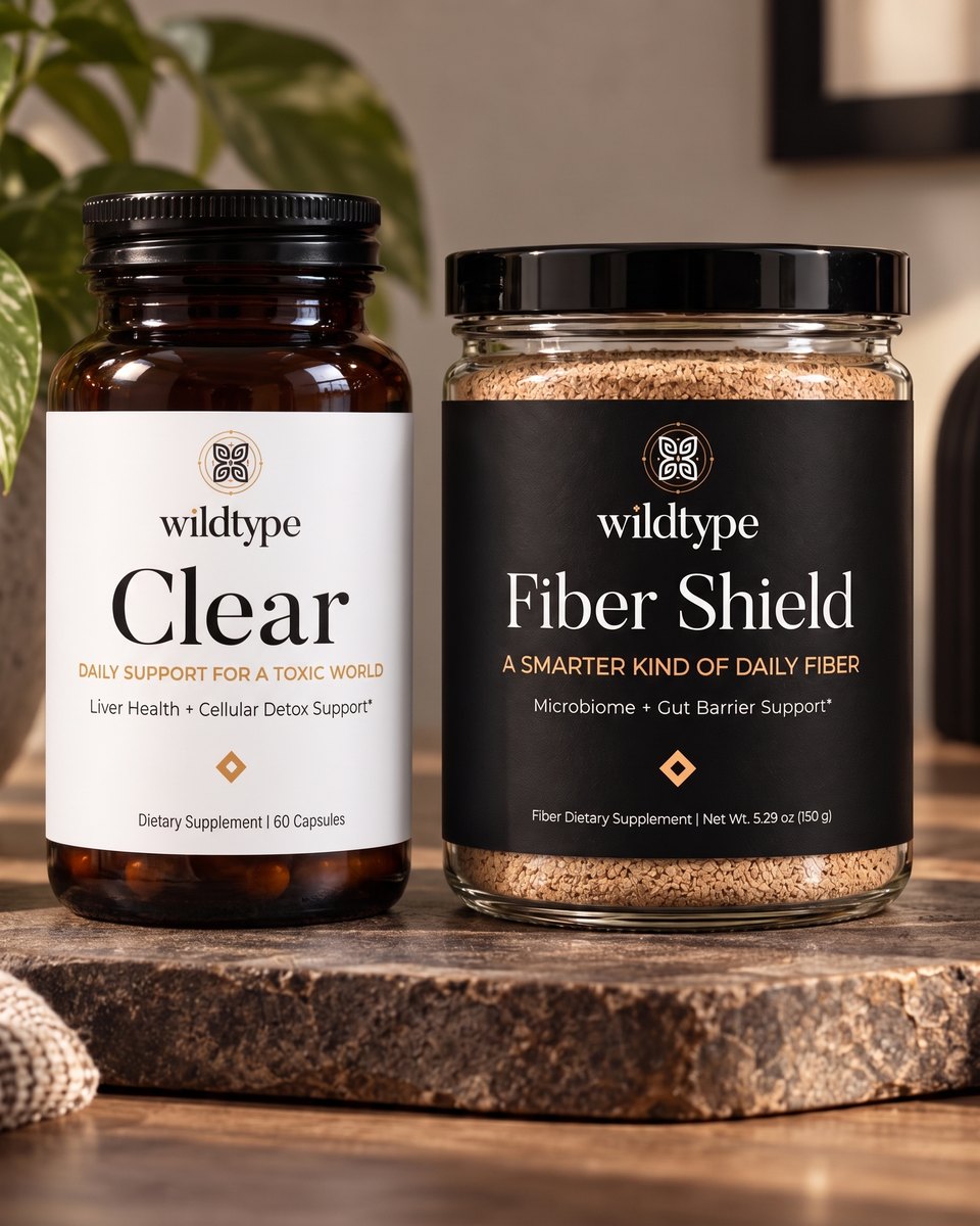 The WildType Plastic Defense Kit on a stone slab: the Clear bottle in amber glass and the Fiber Shield jar